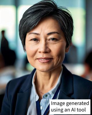 A woman with short dark hair wearing a blue collared shirt and dark blazer, smiling slightly at the camera. Text overlay reads, Content generated with an AI tool.